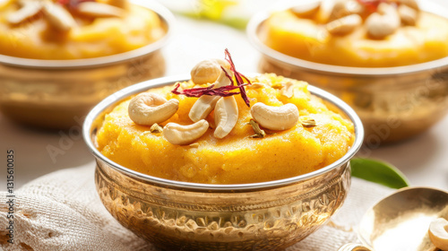 Suji Ka Halwa with Cashews, Almonds, and Saffron in a Brass Serving Bowl