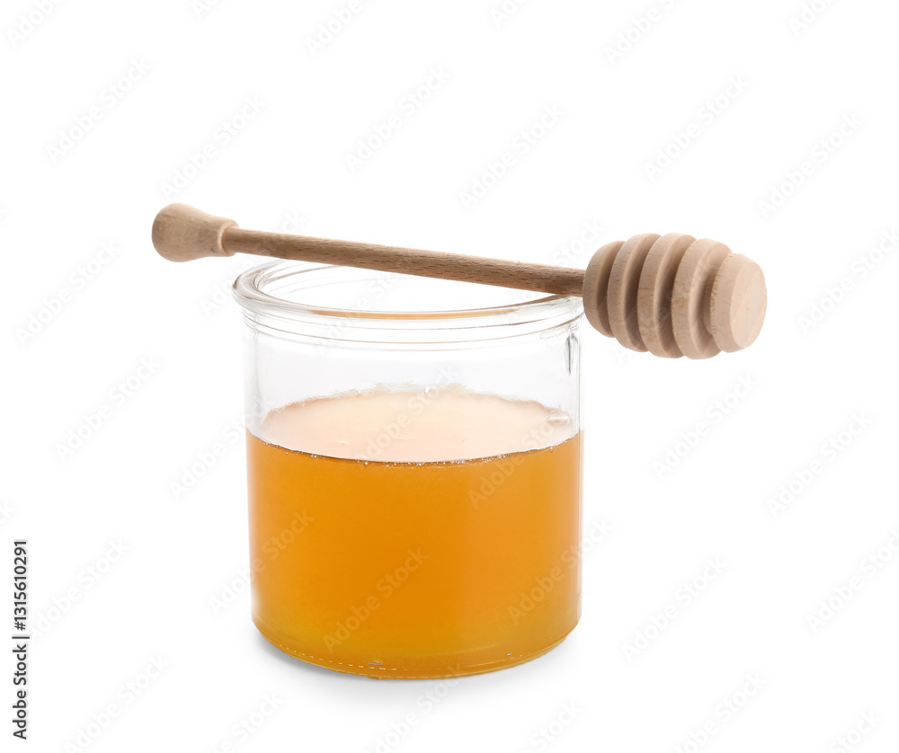 Glass of sweet honey with dipper on white background Glass of sweet honey with dipper on white background