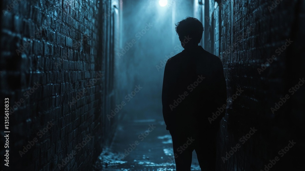 A dark, blurry silhouette of a person standing at the far end of a narrow alleyway, partially hidden in the shadows A dark, blurry silhouette of a person standing at the far end of a narrow alleyway, partially hidden in the shadows