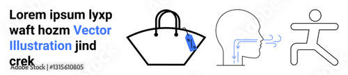 Handbag with attached tag, profile view of breathing airflow in a human head, and a stick figure in a running pose. Ideal for fashion, medical, health, anatomy, shopping, fitness educational