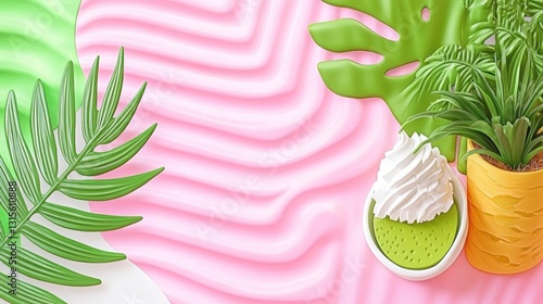 Dessert presentation with tropical leaves on pink wavy background, for web or print project