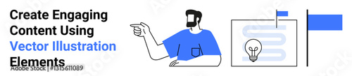Man pointing at a creative idea with a lightbulb symbol and blue flag beside a textual graphic element. Ideal for innovation, presentation, teamwork, creativity, branding, strategy, flat landing page