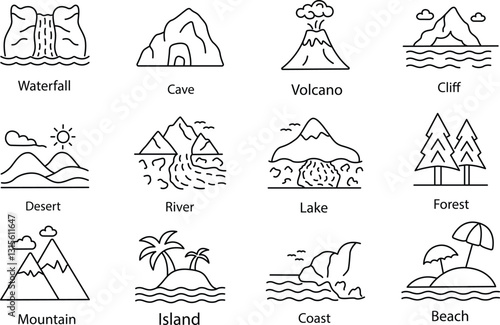 Scenic Nature and Landscape Icon Set for Travel and Adventure Projects.