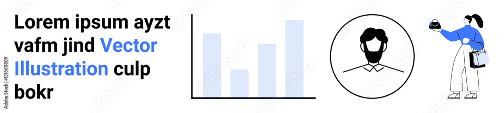 Bar chart analytics, user avatar, person holding an idea bulb, and digital content layout. Ideal for business, technology, presentation, marketing, education learning flat landing page banner Bar chart analytics, user avatar, person holding an idea bulb, and digital content layout. Ideal for business, technology, presentation, marketing, education learning flat landing page banner