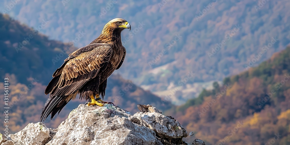 Fototapeta premium Majestic Golden Eagle Perched on Rocky Outcrop in Serene Landscape