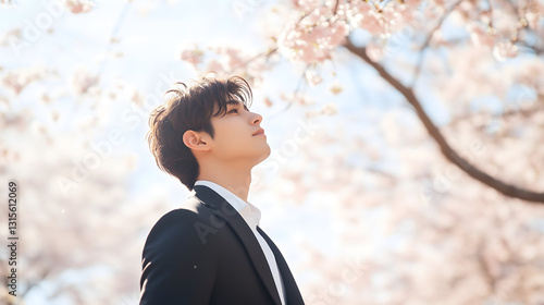 はる 春 日本人 日本 桜 さくら アーチ 男性 モデル ポートレート 顔 ピンク 空白 コビースペース