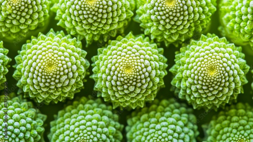 Close-up of symmetrical green plant florets showing spiral pattern. Close-up of symmetrical green plant florets showing spiral pattern.