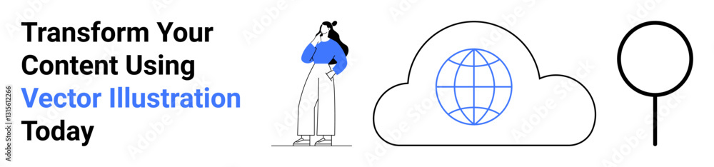 Woman standing thoughtfully, digital globe inside cloud symbolizing global connectivity, and a minimalist magnifying glass. Ideal for technology, innovation, communication, business strategy Woman standing thoughtfully, digital globe inside cloud symbolizing global connectivity, and a minimalist magnifying glass. Ideal for technology, innovation, communication, business strategy
