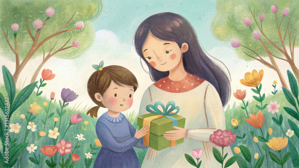 A serene Mother’s Day moment in a garden with a mother and child, featuring blooming flowers, a gift box, and a handmade card, evoking a peaceful and loving atmosphere in celebration of the bond betwe A serene Mother’s Day moment in a garden with a mother and child, featuring blooming flowers, a gift box, and a handmade card, evoking a peaceful and loving atmosphere in celebration of the bond betwe
