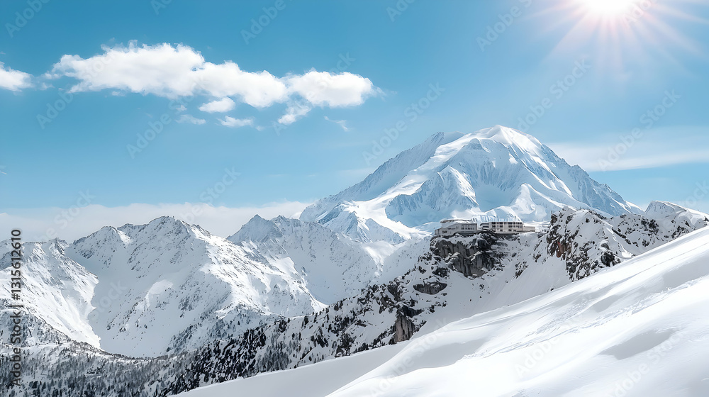 A scenic view of snow covered mountains under a blue sky A scenic view of snow covered mountains under a blue sky