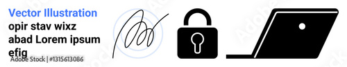 Digital signature, secure padlock symbol, and laptop representing authentication, data privacy, encryption, and online security. Ideal for cybersecurity, identity, technology and access concepts
