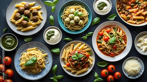 Wallpaper Mural Delicious assortment of Italian pasta dishes served with meatballs, cheese, pesto, and fresh basil on a dark background, showcasing gourmet cuisine, comfort food, and Mediterranean flavor.

 Torontodigital.ca