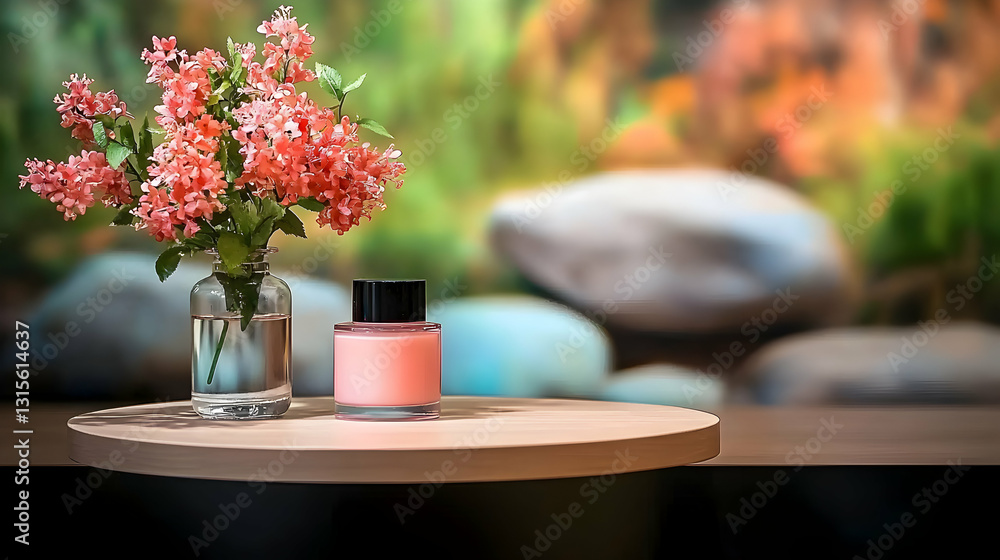 Still life image featuring flowers and a cosmetic product Still life image featuring flowers and a cosmetic product