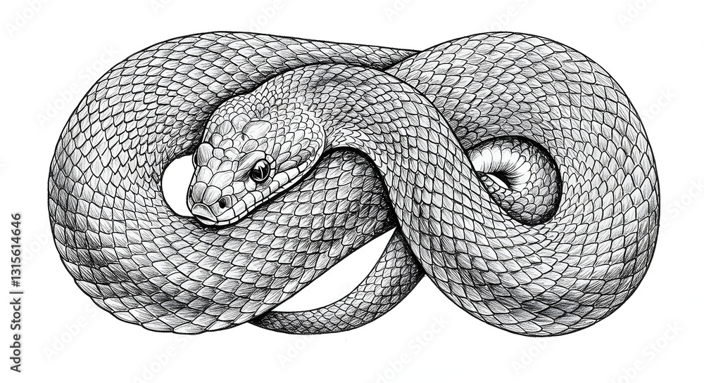 Obraz premium Coiled Snake Illustration with Detailed Scales in Black and White