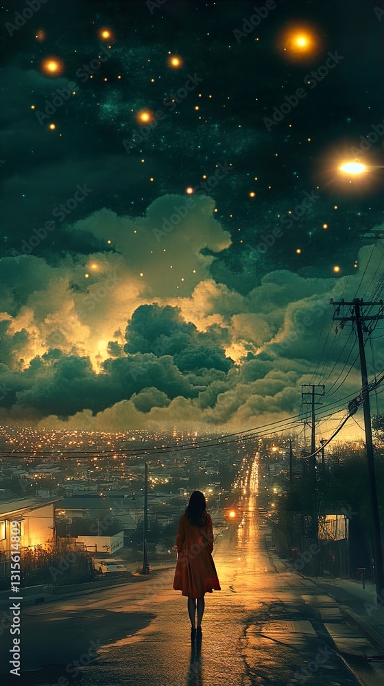 Fototapeta premium Solitude in a City Under the Stars: A Dreamy Nightscape