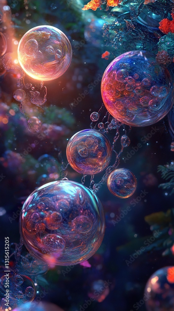 Naklejka premium Enchanted Bubbles: A Surreal Universe of Light and Color