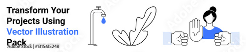 Water faucet with drop, plant leaf symbolizing growth, person mediating conflict. Ideal for environment, sustainability, debate, teamwork, negotiation, education awareness campaigns flat landing