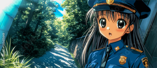 Vector illustration of a young policewoman wearing uniform standing near trees in a park