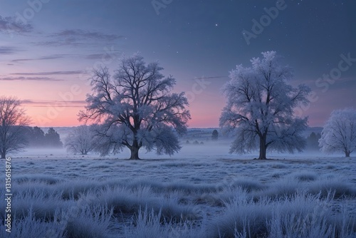 Peaceful Winter Dusk Landscape with Prairie Vista Frosted Trees and Cool Color Tones