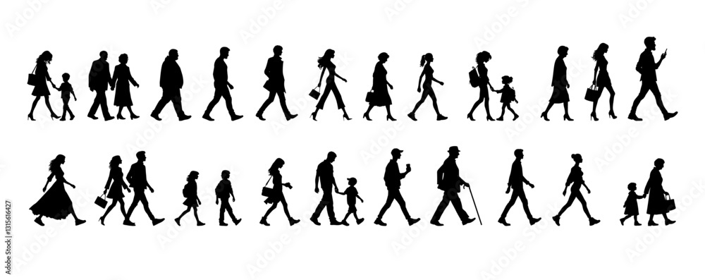 Obraz premium vector illustration. silhouettes of people walking along the street. Large set of characters of different ages