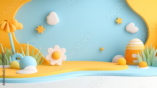 Easter mockup egg and grass stage for product showcase, blue and yellow background