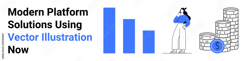 Woman analyzing bar chart, stacks of coins with dollar sign. Ideal for data analytics, finance, innovation, business strategy, market trends, modern platforms, flat landing page banner Woman analyzing bar chart, stacks of coins with dollar sign. Ideal for data analytics, finance, innovation, business strategy, market trends, modern platforms, flat landing page banner