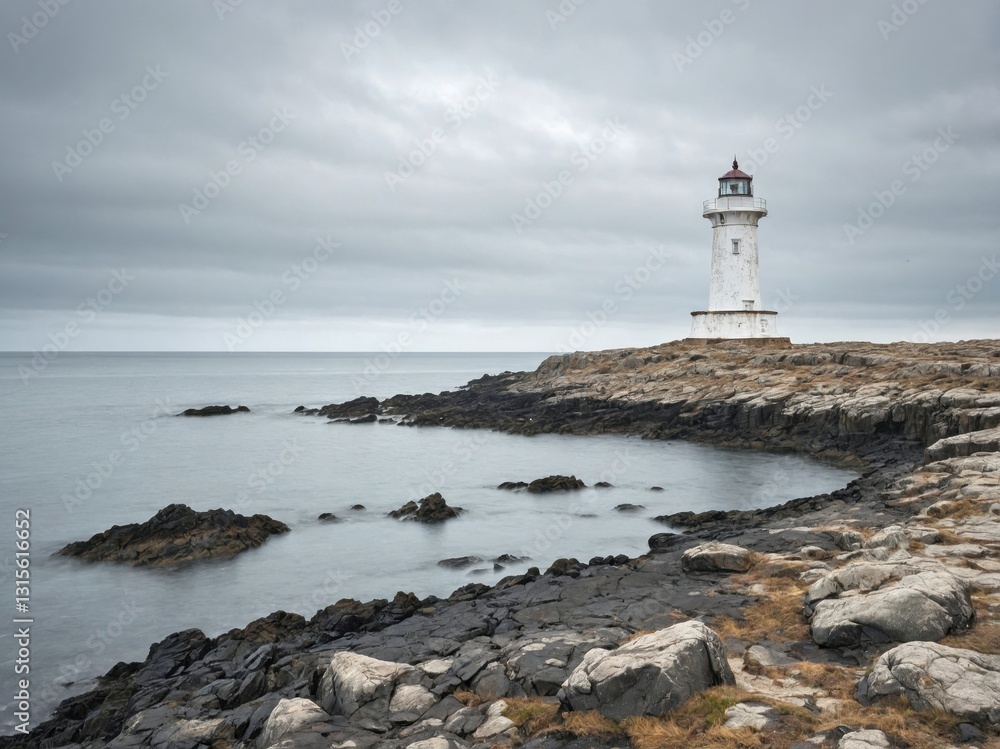 Isolated White Lighthouse on a Rocky Shore Isolated White Lighthouse on a Rocky Shore