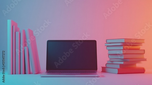 Modern Learning Environment: Laptop with Books on Colorful Background