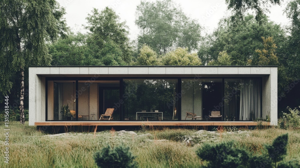 Bright and airy minimalist house with a glass facade, clean architectural form, and natural surroundings Bright and airy minimalist house with a glass facade, clean architectural form, and natural surroundings