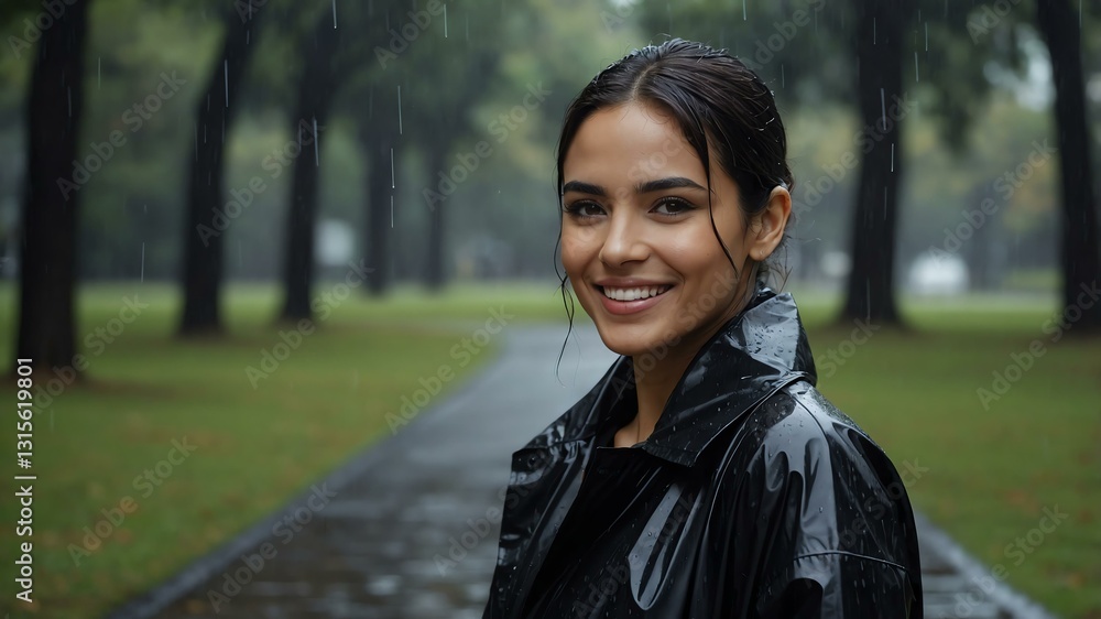 Good-looking hispanic woman in black raincoat on a rainy park background smiling for ad concept space for text Good-looking hispanic woman in black raincoat on a rainy park background smiling for ad concept space for text