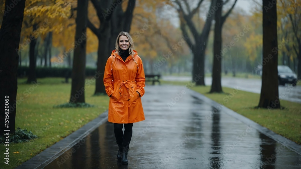 Fototapeta premium Good-looking caucasian woman in orange raincoat on a rainy park background smiling for ad concept space for text