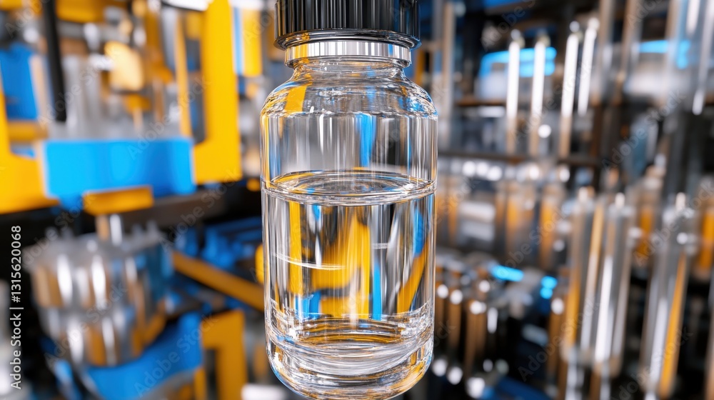 Clear glass vial filled with liquid, suspended in a vibrant industrial setting Clear glass vial filled with liquid, suspended in a vibrant industrial setting