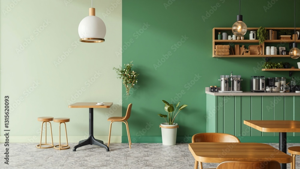 Fototapeta premium Modern Green and Beige Cafe Interior Design with Wooden Furniture