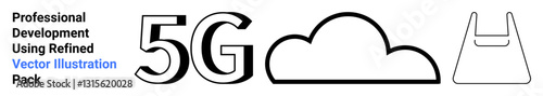 5G typography, cloud icon, and storage bag outline represent advanced connectivity, cloud technology, data storage, and digital development. Ideal for tech, IoT, innovation wireless systems