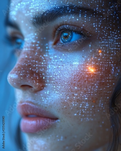 Close-up Portrait of a Woman with Glowing Particle Skin Overlay, Evoking Futuristic Beauty and Digital Enhancement, Featuring a Striking Blue-Orange Color Palette