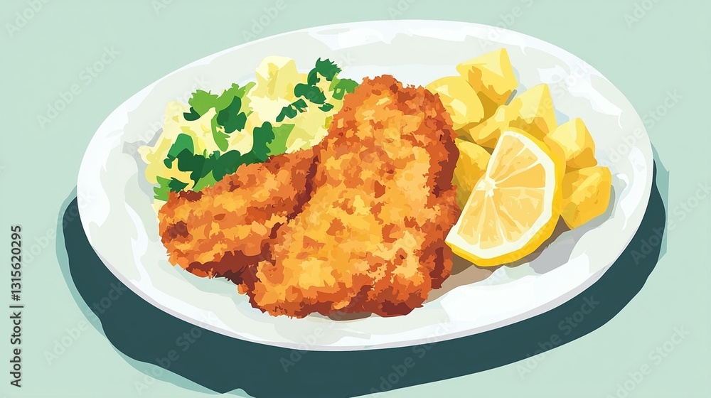 Crispy breaded fish fillets served with roasted potatoes and coleslaw on a white plate. Crispy breaded fish fillets served with roasted potatoes and coleslaw on a white plate.