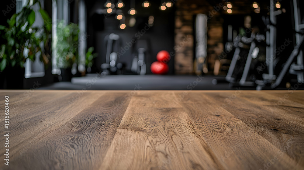 A wooden floor leads to blurred gym equipment and exercise items A wooden floor leads to blurred gym equipment and exercise items