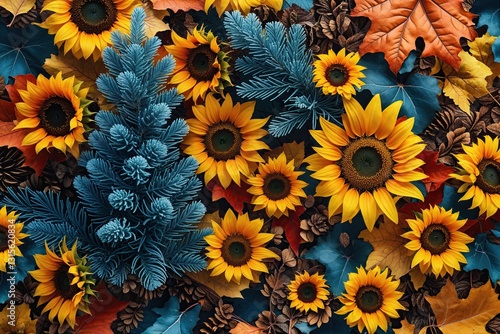 Vibrant Autumn Floral Arrangement Featuring Sunflower Leaves and Cobalt Fir in Stunning Detail
