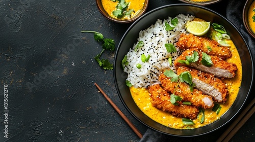 Delicious crispy chicken katsu curry served with rice in a black bowl.