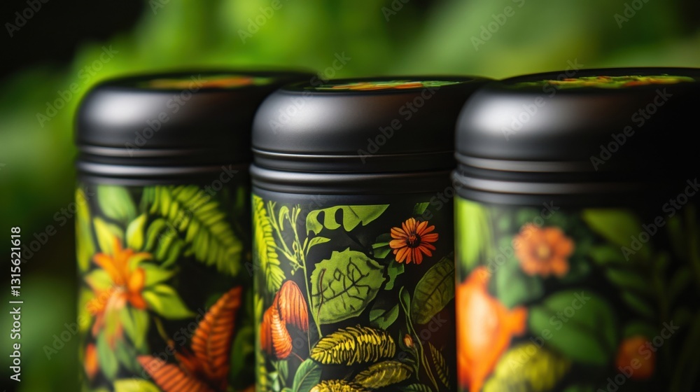 Colorful tin cans featuring botanical designs on a blurred background Colorful tin cans featuring botanical designs on a blurred background