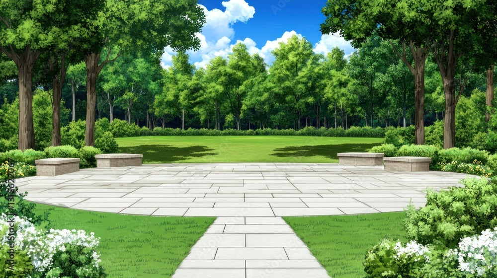 Fototapeta premium Empty park patio with trees and grass on a sunny day for background or conceptual use