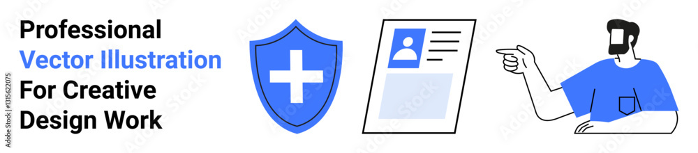 Blue shield with cross, ID card, and man gesturing towards elements. Ideal for healthcare, identity, security, guidance, professionalism, communication and creative flat landing page banner Blue shield with cross, ID card, and man gesturing towards elements. Ideal for healthcare, identity, security, guidance, professionalism, communication and creative flat landing page banner
