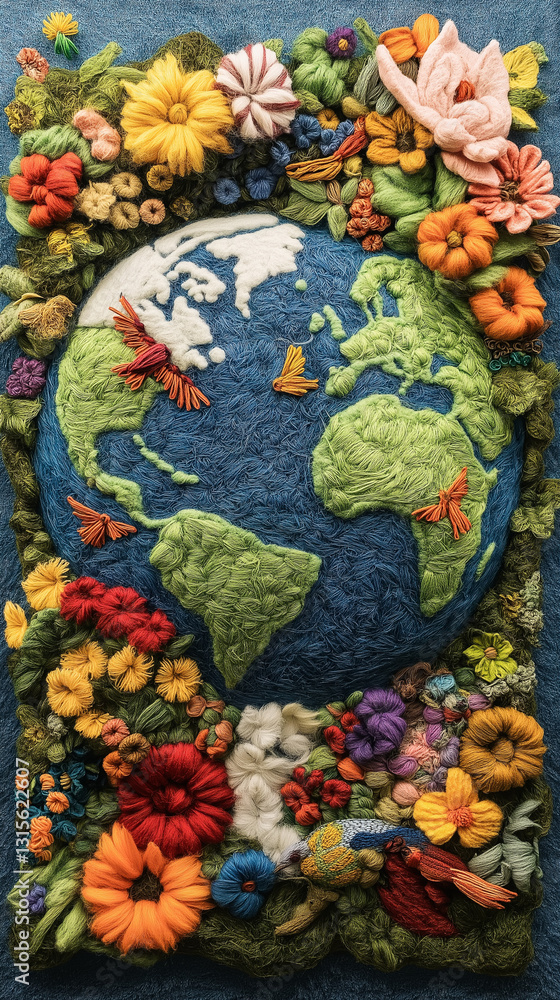 Fototapeta premium フェルトと糸で表現された地球｜手作りの温もりを感じるエコアート。スマートフォン9:16のアスペクト比 