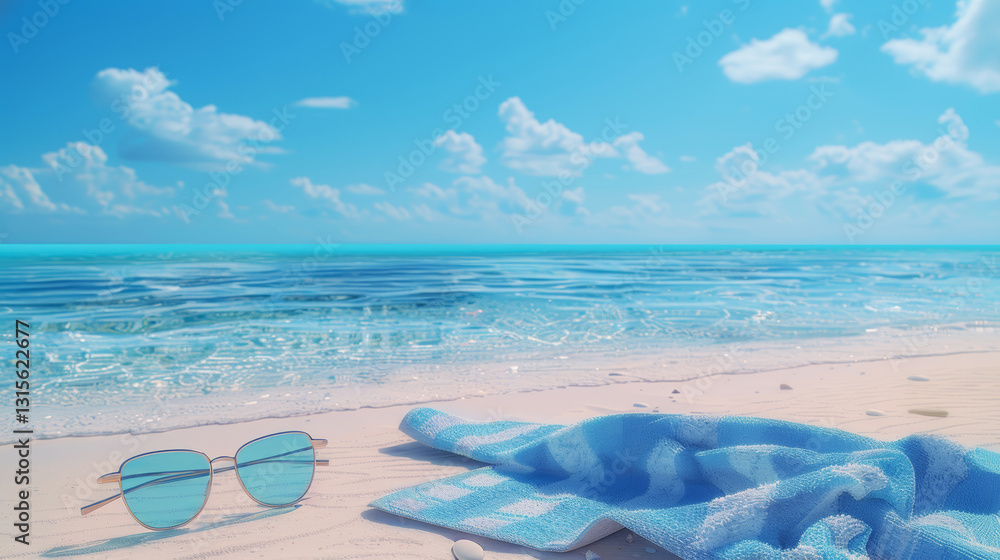 Stylish sunglasses on sandy beach towel with stunning crystal clear ocean view, summer accessory Stylish sunglasses on sandy beach towel with stunning crystal clear ocean view, summer accessory