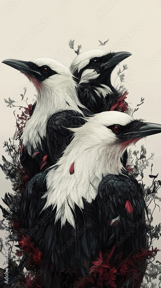Obraz premium Three Ravens in Floral Embrace: Dark Art Illustration