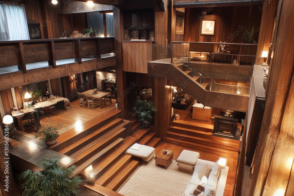 Interior of a luxury hotel lobby with wooden stairs and fireplace. Interior of a luxury hotel lobby with wooden stairs and fireplace.