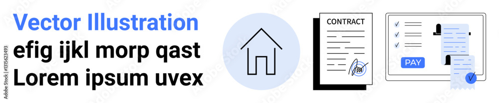 House icon, contracts with signatures, and payment receipt. Ideal for real estate, mortgages, rental agreements, financial documents, legal processes, payment systems abstract line flat metaphor House icon, contracts with signatures, and payment receipt. Ideal for real estate, mortgages, rental agreements, financial documents, legal processes, payment systems abstract line flat metaphor
