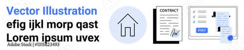 House icon, contracts with signatures, and payment receipt. Ideal for real estate, mortgages, rental agreements, financial documents, legal processes, payment systems abstract line flat metaphor