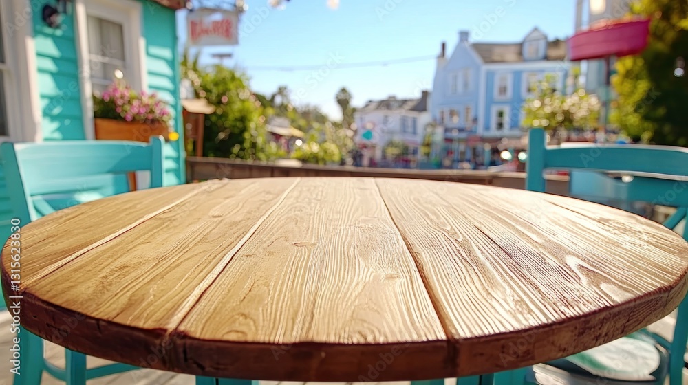Fototapeta premium Empty wooden table at an outdoor cafe, vibrant city backdrop. Promotion of food, drinks, space
