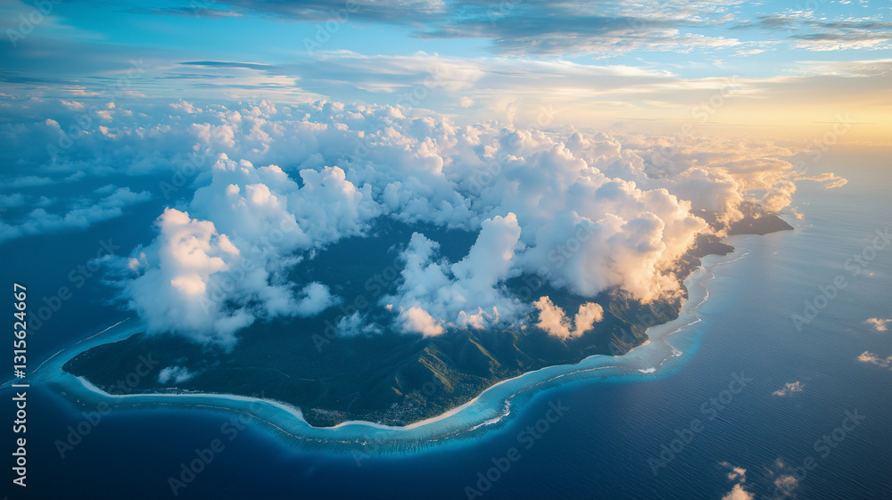 Naklejka premium A group of islands in the middle of the sea, with lush green mountains and blue water, surrounded by white clouds.